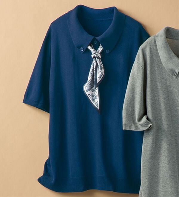 BELLUNA（ベルーナ）の「スカーフ付ニットポロシャツ（ニット・セーター）」｜ネイビー