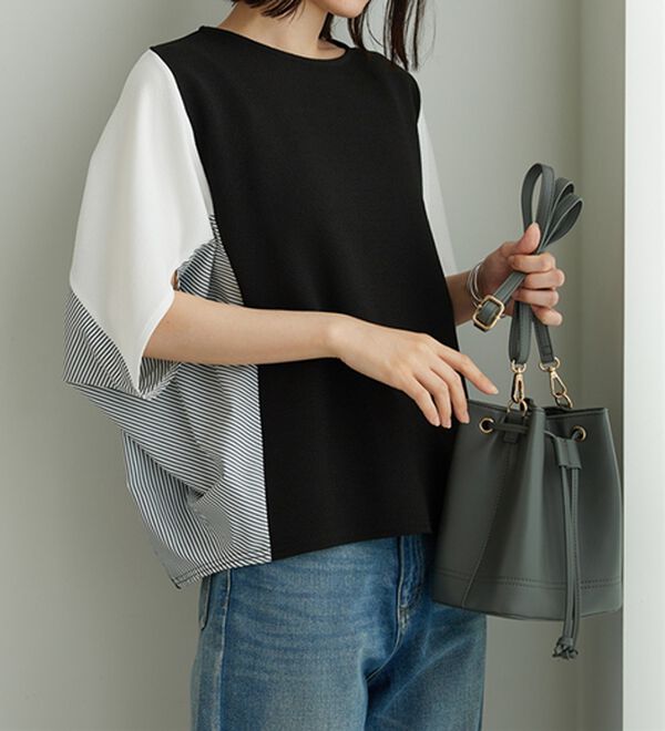 BELLUNA（ベルーナ）の「ストライプ配色切替ドルマンプルオーバー（カットソー）」｜詳細画像