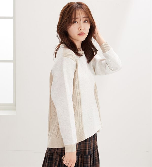 BELLUNA（ベルーナ）の「ケーブル柄ニット切替プルオーバー（カットソー）」｜詳細画像