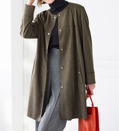 BELLUNA（ベルーナ）の「スエード調ノーカラーロング丈ジャケット（ノーカラージャケット）」