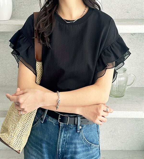 GeeRA（ジーラ）の「接触冷感袖フリルカットソー（カットソー）」｜詳細画像