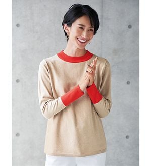 BELLUNA（ベルーナ）の「ラメ入り配色ニットプルオーバー（ニット・セーター）」｜ベージュ