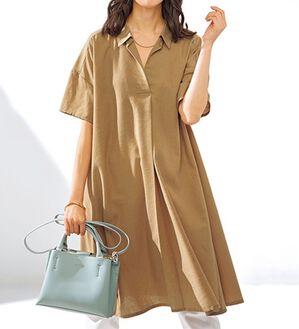 BELLUNA（ベルーナ）の「機能付リネン混スキッパーワンピース（カットソーワンピース）」｜ベージュ