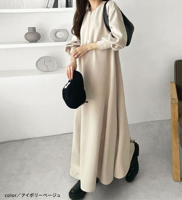 GeeRA（ジーラ）の「【再入荷】1枚で決まる！ハーフジップフレアワンピース（カットソーワンピース）」｜詳細画像