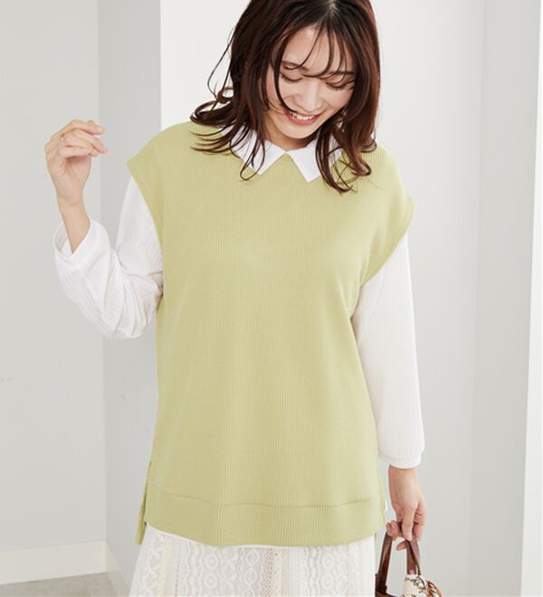 BELLUNA（ベルーナ）の「【新色追加】&ldquo;2点セット&rdquo;あぜ素材ベストアンサンブル（アンサンブル）」｜イエロー