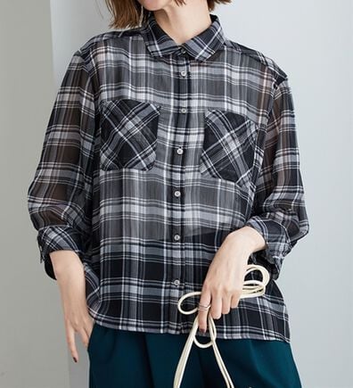 BELLUNA（ベルーナ）の「シフォン楊柳チェック柄プリントシャツ（シャツ）」