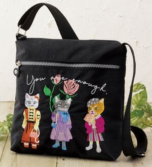 「猫さん刺繍ショルダーバッグ（ショルダーバッグ）」｜ブラック