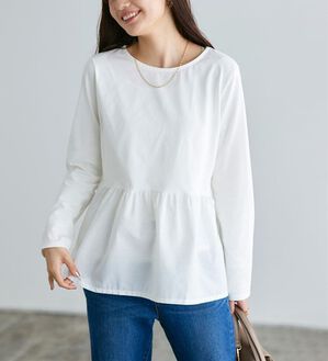 Pierrot（ピエロ）の「異素材ドッキングフリルギャザーペプラムカットソー（カットソー）」｜オフホワイト