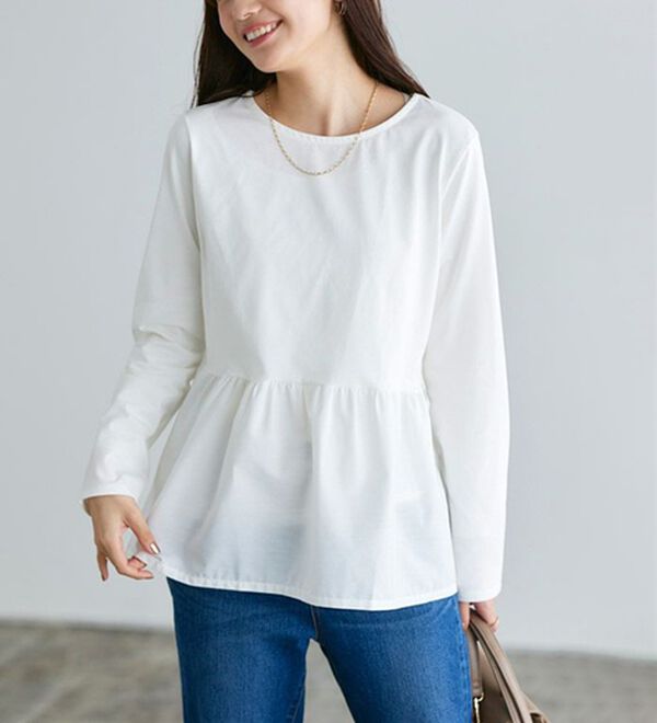 Pierrot（ピエロ）の「異素材ドッキングフリルギャザーペプラムカットソー（カットソー）」｜オフホワイト