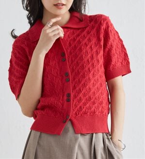 RANAN（ラナン）の「透かし柄サマーニットポロカーデ（ニット・セーター）」｜レッド