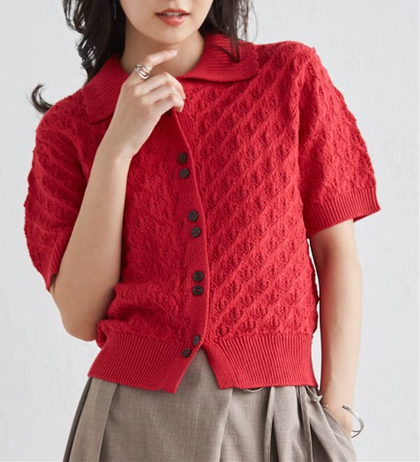 RANAN（ラナン）の「透かし柄サマーニットポロカーデ（ニット・セーター）」｜レッド