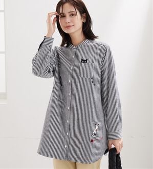BELLUNA（ベルーナ）の「【あったか】裏フリース素材ネコ刺しゅうシャツチュニック（チュニック）」｜ストライプ