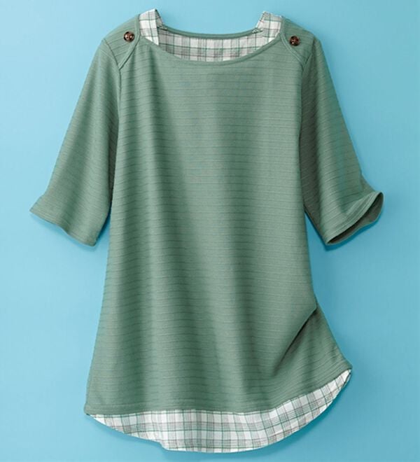 BELLUNA（ベルーナ）の「ひんやり冷感！タックジャカード素材重ね着風プルオーバー（カットソー）」｜詳細画像