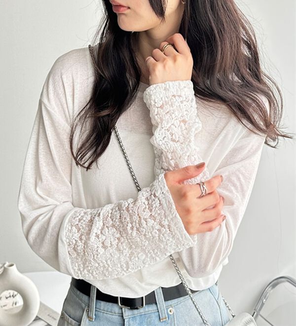 GeeRA（ジーラ）の「袖レーススラブシアーカットソー（カットソー）」｜詳細画像