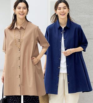 ルフラン（ルフラン）の「【２色組】綿１００％ちび衿シャツワンピ＜レイネル＞（シャツ）」｜2色組