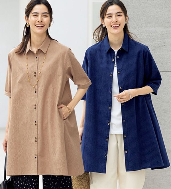 ルフラン（ルフラン）の「【２色組】綿１００％ちび衿シャツワンピ＜レイネル＞（シャツ）」｜2色組