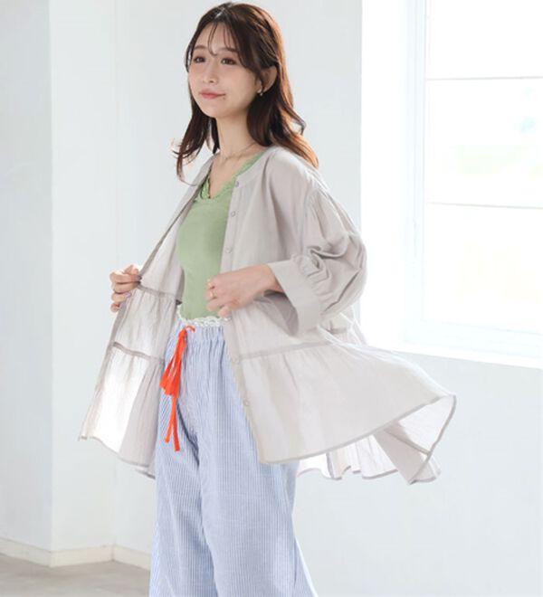 A HAPPY MARILYN（アハッピーマリリン）の「【Ｌ～６Ｌ】【風通るプレミアム】綿・楊柳七分袖ティアードブラウス（ブラウス）」｜詳細画像