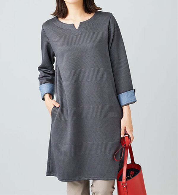 BELLUNA（ベルーナ）の「ボタン使いボーダージャカードワンピース（その他ワンピース）」｜詳細画像