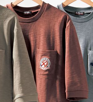 「ロゴ刺しゅう７分袖スウェットＴシャツ（メンズトレーナー）」｜ワイン