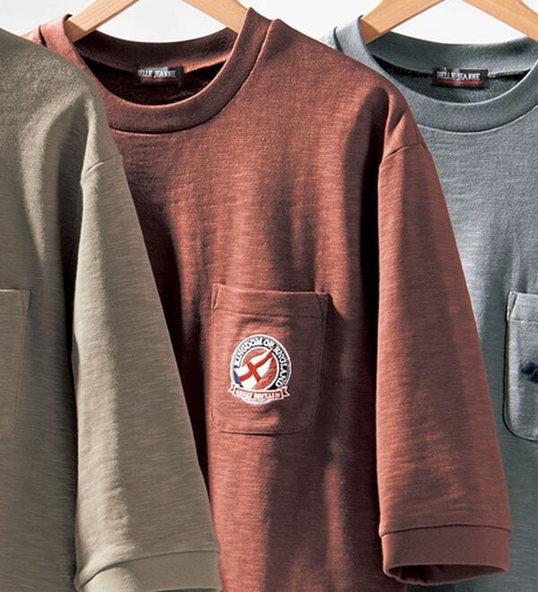 「ロゴ刺しゅう７分袖スウェットＴシャツ（メンズトレーナー）」｜ワイン