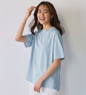 BELLUNA（ベルーナ）の「【汗ジミ対策◎】＜エアリーアイスコットン＞オーバーサイズＴシャツ【選べる袖丈】（カットソー）」｜サックス