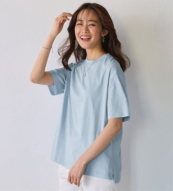 BELLUNA（ベルーナ）の「【汗ジミ対策◎】＜エアリーアイスコットン＞オーバーサイズＴシャツ【選べる袖丈】（カットソー）」｜サックス