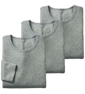 「【３枚組】丸編み仕様の軽ふわキルトインナー　長袖丸首（メンズ肌着・インナーウェア）」｜杢グレー