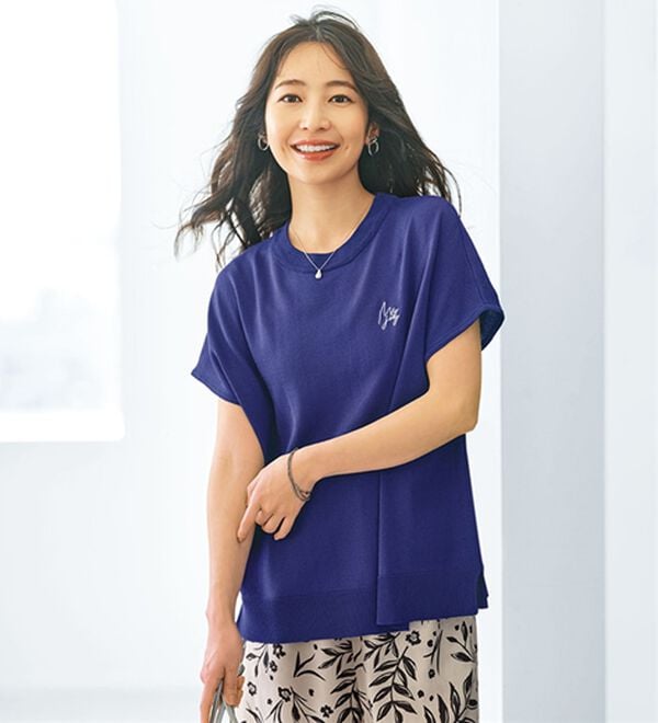 BELLUNA（ベルーナ）の「【快適Ｌａｂ．】シャリ冷！洗える多機能フレンチ袖ニットＴシャツ（ニット・セーター）」｜バイオレット