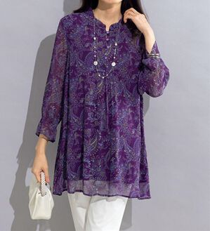 ルフラン（ルフラン）の「シルク１００％衿フリルチュニック（ブラウス）」｜パープル系