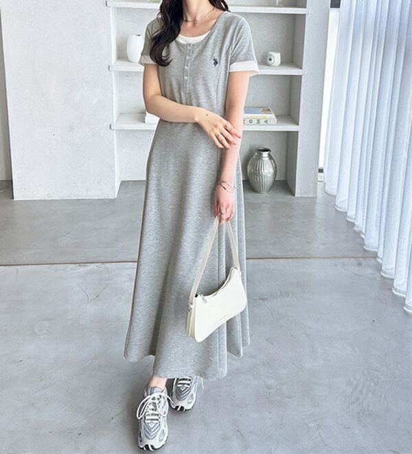 GeeRA（ジーラ）の「【ＵＳ．ＰＯＬＯ．ＡＳＳＮ】レイヤード風ヘンリーネック半袖ワンピース（カットソーワンピース）」｜詳細画像