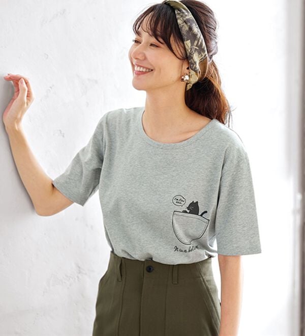 BELLUNA（ベルーナ）の「綿１００％プリントＴシャツ（Tシャツ）」｜杢グレー・ポケット