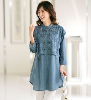 BELLUNA（ベルーナ）の「エレガントに体型カバー！刺しゅう重ねチュニック（チュニック）」｜杢ブルー