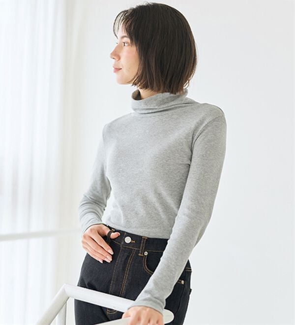 LAVIENNE（ラヴィエンヌ）の「【医師オススメ】綿１００％吸湿発熱あったかインナー　タートルネックインナー長袖＜LAVIHOTシリーズ＞（肌着・インナーウェア）」｜杢グレー
