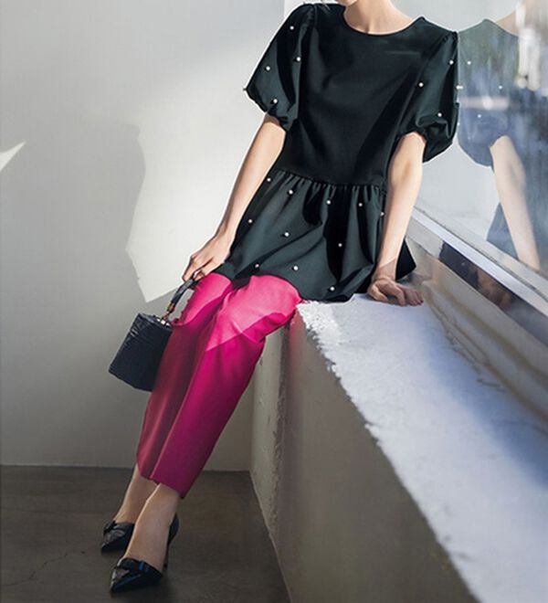 RANAN（ラナン）の「ひんやり！パール調ビーズ使いボリューム袖プルオーバー（カットソー）」｜詳細画像