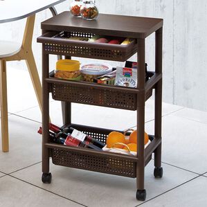 「引き出し付ウッドテーブルワゴン（キッチン整理用品）」｜ブラウン