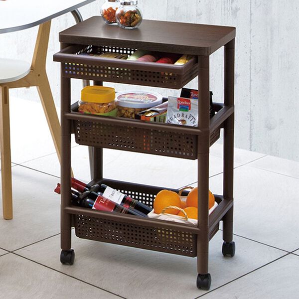 「引き出し付ウッドテーブルワゴン（キッチン整理用品）」｜ブラウン