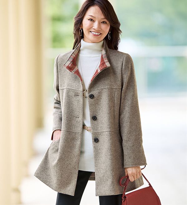 BELLUNA（ベルーナ）の「ミックス調ウール混素材チェック使い切替コート（ハーフコート）」｜詳細画像