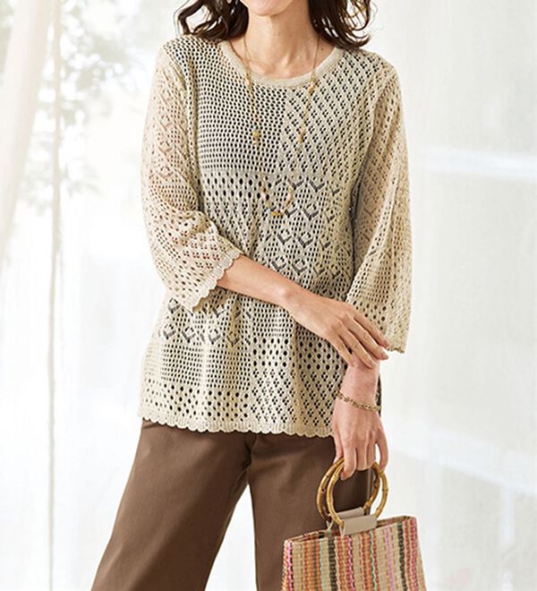 BELLUNA（ベルーナ）の「綿麻混素材パッチワーク柄ニット（ニット・セーター）」｜詳細画像