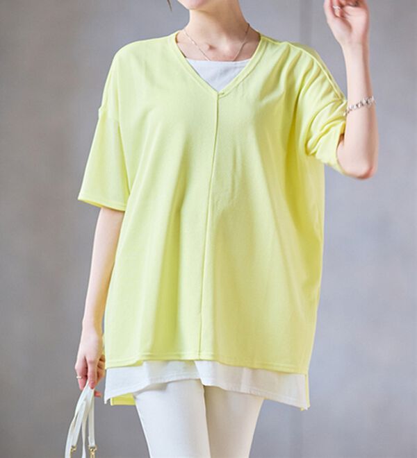 RANAN（ラナン）の「レイヤード風ニットソー半袖チュニック（チュニック）」｜詳細画像