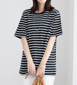 BELLUNA（ベルーナ）の「サイドポケット使いボーダー柄チュニック（チュニック）」｜ネイビー&times;オフ白