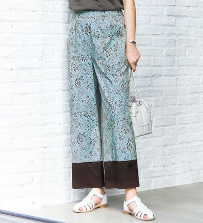 VINNO（ヴィノ）の「綿ローン裾配色プリントパンツ（ワイドパンツ・ガウチョ）」