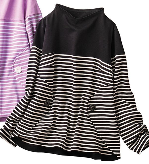 VINNO（ヴィノ）の「＜日本製＞釦デザインボーダープルオーバー（カットソー）」｜ブラック系