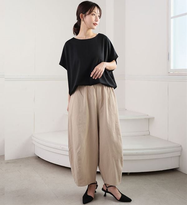 A HAPPY MARILYN（アハッピーマリリン）の「【Ｌ～８Ｌ】綿１００％ さらっと優しいコットン バレルレッグパンツ カーブパンツ 選べる２丈（ワイドパンツ・ガウチョ）」｜詳細画像