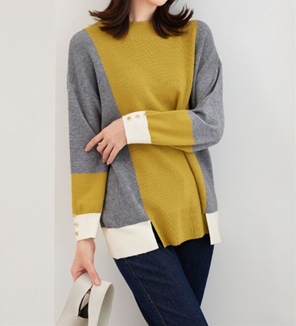 BELLUNA（ベルーナ）の「配色デザイン編地切替ニットプルオーバー（ニット・セーター）」｜イエロー系