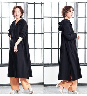 RANAN（ラナン）の「【吸水速乾】綿100％ヘンリーネックパーカーワンピース（長袖）（カットソーワンピース）」｜ブラック