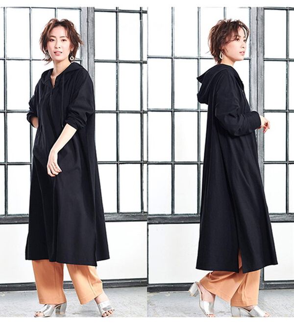 RANAN（ラナン）の「【吸水速乾】綿100％ヘンリーネックパーカーワンピース（長袖）（カットソーワンピース）」｜ブラック