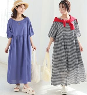 A HAPPY MARILYN（アハッピーマリリン）の「【Ｌ～６Ｌ】【風通るプレミアム】綿・楊柳、五分袖ウエスト切替ワンピース。（ロングワンピース）」｜詳細画像