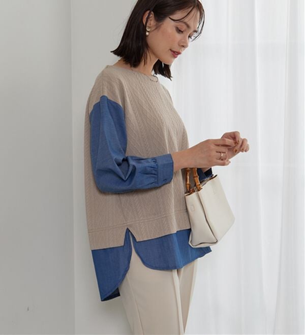 BELLUNA（ベルーナ）の「ケーブル&times;デニム切替チュニック（チュニック）」｜詳細画像