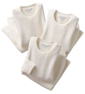 「【３着組】＜クロコダイル＞ウール入肌側綿１００％極温（Ｒ）キルトインナー上下３着組（メンズ肌着・インナーウェア）」｜ホワイト上下3着組