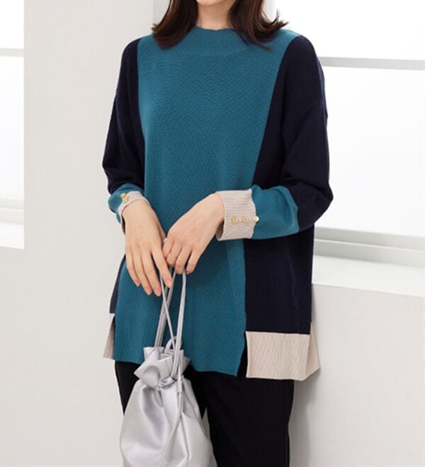 BELLUNA（ベルーナ）の「配色デザイン編地切替ニットプルオーバー（ニット・セーター）」｜詳細画像